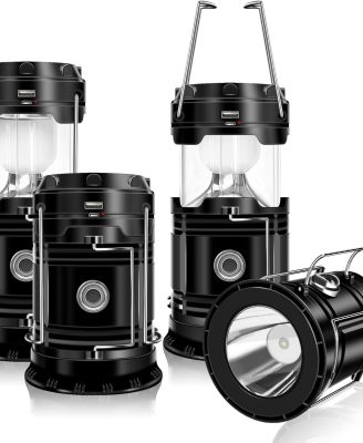 DIBMS 4-Pack Solar Camping Lantern, Collapsible LED Solar USB Rechargeable Lantern Flashlight Emergency Hanging Lights for Camping Hurricanes Power Outages Indoor Outdoor