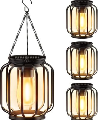 Solar Hanging Lanterns Outdoor, 4 Pack Metal Lights With Hook, Bright and Warm Waterproof for Outside, Classic Outdoor Lights for Yard Garden Patio Porch Decor