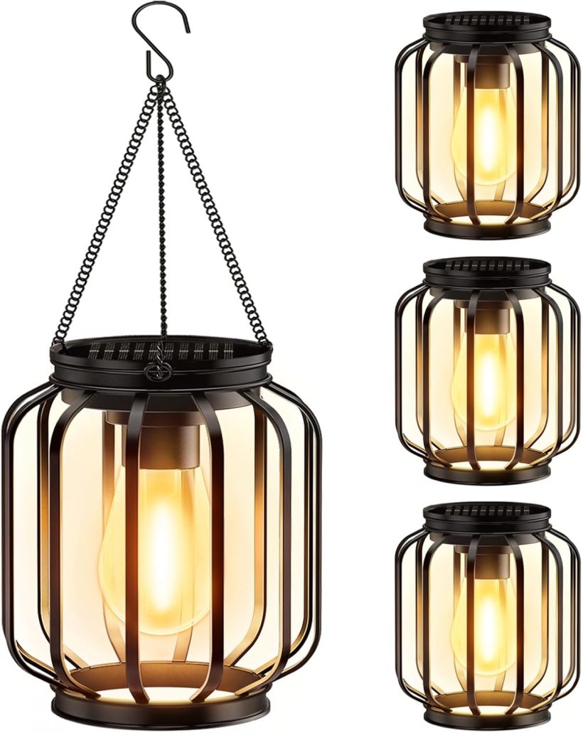 Solar Hanging Lanterns Outdoor, 4 Pack Metal Lights With Hook, Bright and Warm Waterproof for Outside, Classic Outdoor Lights for Yard Garden Patio Porch Decor
