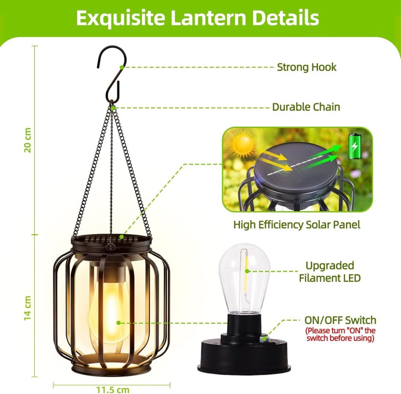 Solar Hanging Lanterns Outdoor, 4 Pack Metal Lights With Hook, Bright and Warm Waterproof for Outside, Classic Outdoor Lights for Yard Garden Patio Porch Decor - Image 2