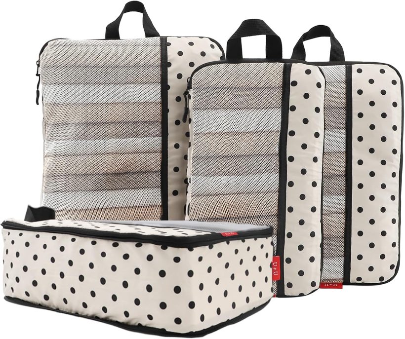 4 Set Compression Packing Cubes - Ultralight Travel Organizers with Laundry Bag, Space-Saving Suitcase Organizer, Expandable Packing Cubes for Travel, Business Trip and Family Vacation (Polka Dot)
