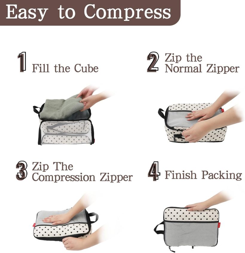4 Set Compression Packing Cubes - Ultralight Travel Organizers with Laundry Bag, Space-Saving Suitcase Organizer, Expandable Packing Cubes for Travel, Business Trip and Family Vacation (Polka Dot) - Image 7